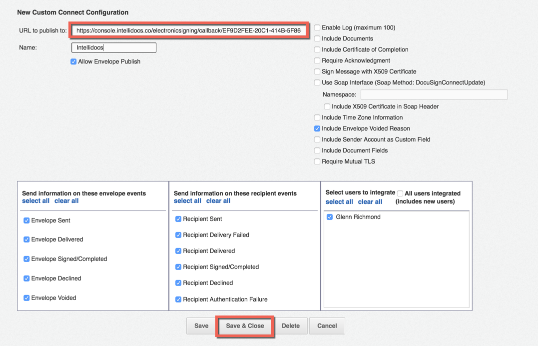 Docusign Custom Connect Settings